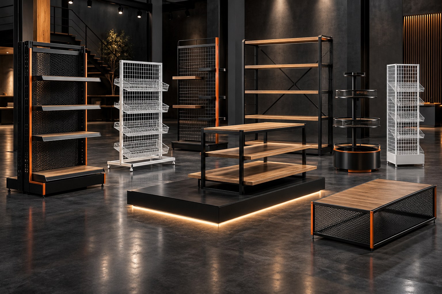 Visualización conceptual de exhibidores y repisas comerciales